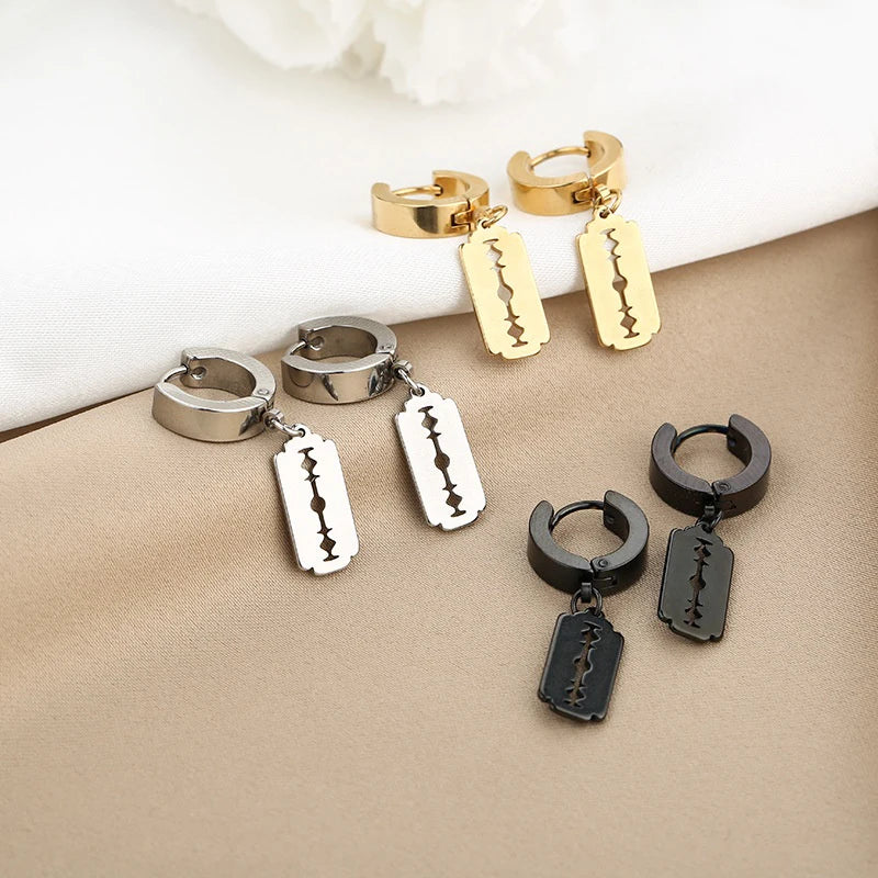 2pc Korean Fashion Stainless Steel Razor Blade Pendant Earring Punk Hip-hop Women Men Unisex Gothic Ear Studs Earrings Jewelry