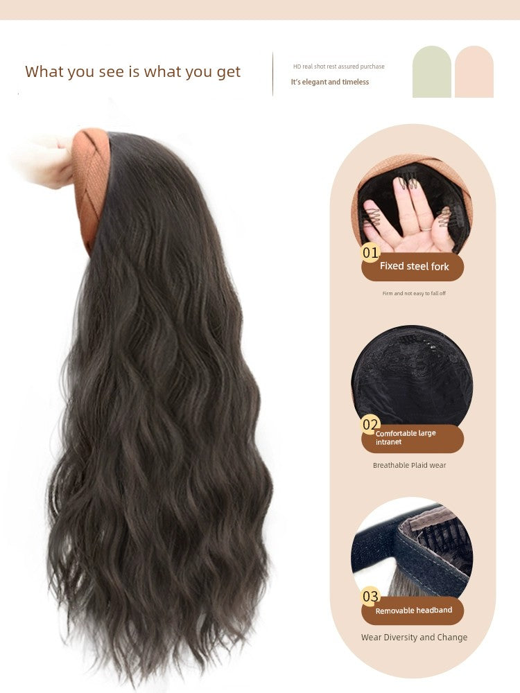 Long Curly Hair Band Wig | Half Headgear Artificial Full Human Hair Fashion Water Ripple Full-Head Wig