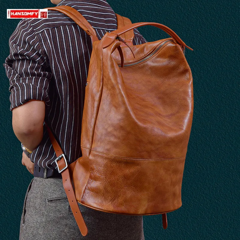 Retro Men's Leather Backpack Travel Backpacks Large Capacity Laptop Bag Cowhide Casual Men Schoolbag Handheld Bucket Backpack