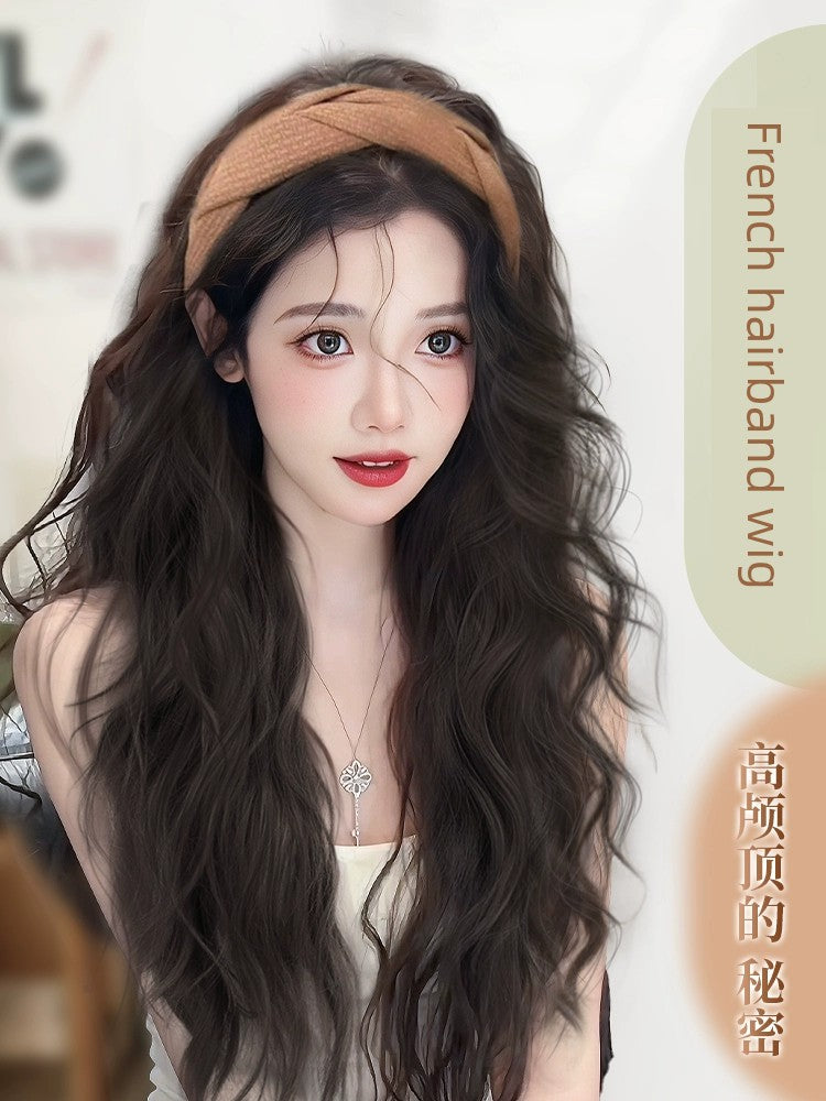 Long Curly Hair Band Wig | Half Headgear Artificial Full Human Hair Fashion Water Ripple Full-Head Wig