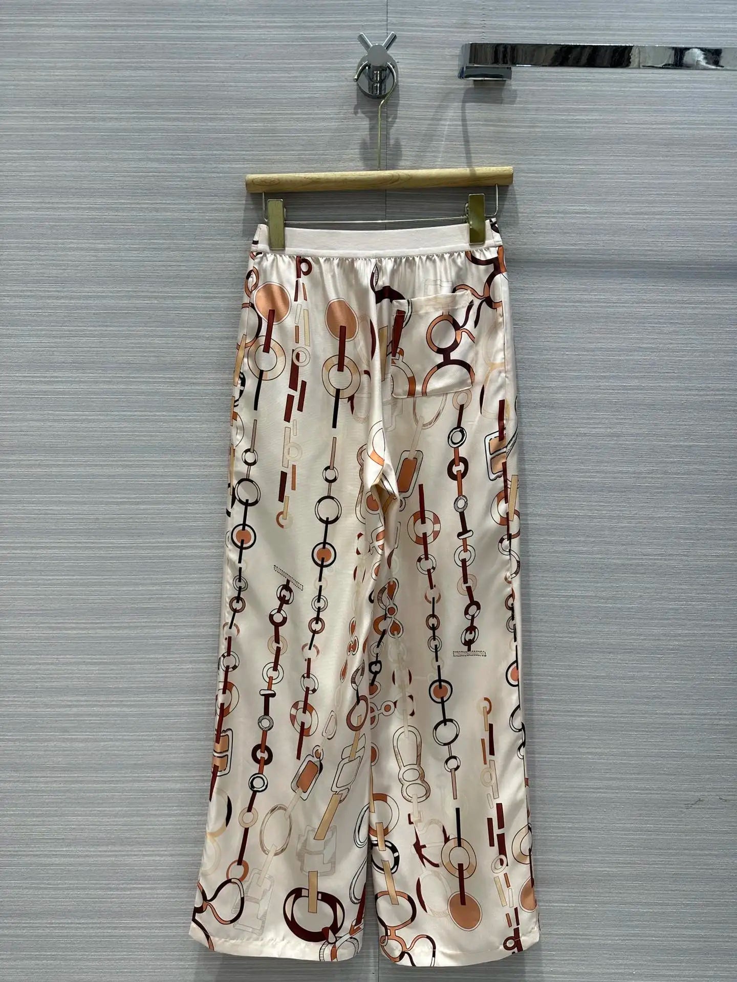 Top End 2024 Summer Women Fashion Silk Chain Printed Long Wide Leg Pants Casual Lady All Match Elastic Waist Satin Trousers Pant