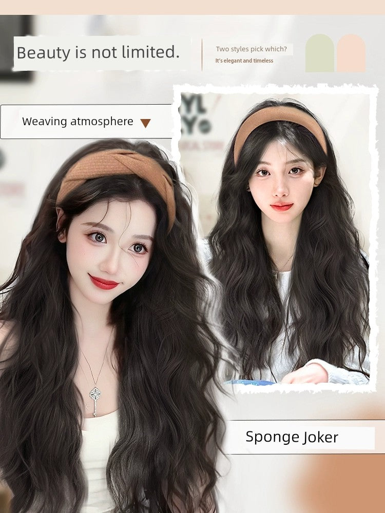 Long Curly Hair Band Wig | Half Headgear Artificial Full Human Hair Fashion Water Ripple Full-Head Wig