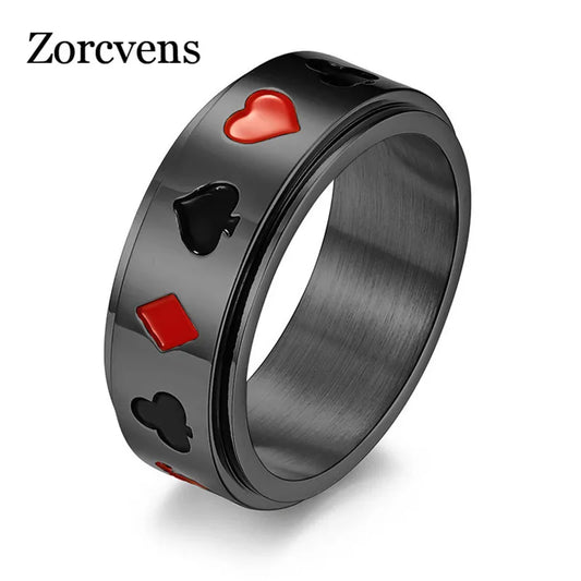 ZORCVENS Punk Vintage Lucky Playing Card Poker 8mm Gold Silver Color Stainless Steel Rotatable Ring for Men  Mens Accessories