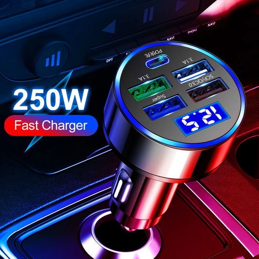 5 Ports Fast Charge PD QC3.0 USB C 250W LED Car Charger Car Phone Charger Type C Adapter For Mobile