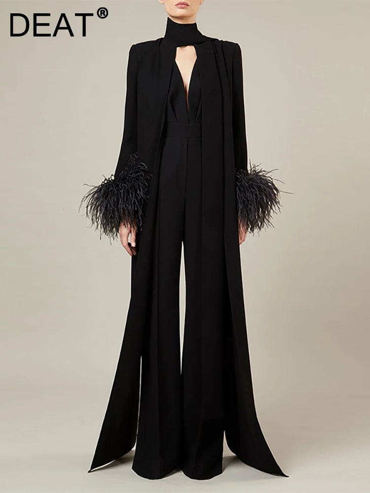 Women Fashion Evening Jumpsuits High Collar Long Sleeve Spliced Feather Split Hollow Out Playsuits Summer 2024 Jumpsuit