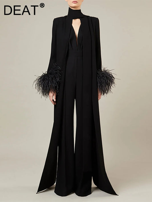 Women Fashion Evening Jumpsuits High Collar Long Sleeve Spliced Feather Split Hollow Out Playsuits Summer 2024 Jumpsuit