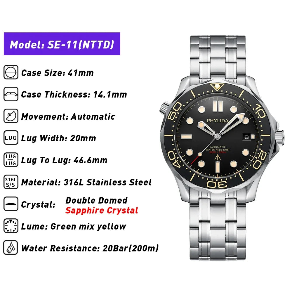 Black Dial PT5000 MIYOTA Automatic Watch DIVER 200M 007 NTTD Style Sapphire Crystal Solid Bracelet Waterproof 20Bar